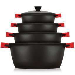 briebe Black Titanium Batería Cocina Inducción 8 Piezas Antiadherente Titanio, Juego 4 Ollas Aluminio Fundido sin PFOA, Set Cazuelas Tapas Cristal, Asas Silicona Extraíbles, Vitrocerámica, Gas, Horno