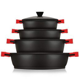 briebe Black Titanium Batería Cocina Inducción 8 Piezas Antiadherente Titanio, Juego 4 Ollas Aluminio Fundido sin PFOA, Set Cazuelas Tapas Cristal, Asas Silicona Extraíbles, Vitrocerámica, Gas, Horno