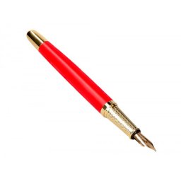 Pluma y estuche cuero belius passion dor aluminio textura cepillada color rojo y dorado tinta azul caja de diseño
