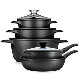 briebe Batería Cocina Inducción 10 Piezas, Juego 3 Ollas Aluminio Fundido + 2 Sartenes, Antiadherente ILAG GRANITEC sin PFOA, Set Cazuelas Tapas Cristal, Guantes Silicona, Vitrocerámica, Gas, Horno