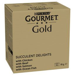 Gourmet Gold Delicias suculentas en tiras finas 96 x 85 g - Jumbopack - Pollo, pescado de mar, vacuno, salmón