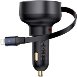 Baseus Cargador de Coche USB-C (H) /Lightning (M) con Cable Retráctil 55W Negro