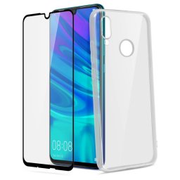 Avizar Funda de Silicona Transparente + Cristal Templado Bordes Negros para Huawei P Smart 2019