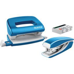 LEITZ 55612036 - Juego de minigrapadora y perforador, Nexxt WOW, azul