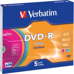 VERBATIM 43557 - Verbatim DVD-R 4,7GB, color, paquete de 5 cajas Slim