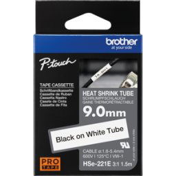 BROTHER P-TOUCH HSE-221E - Tubo termorretráctil, 3:1, 9 mm x 1,5 m, blanco/negro