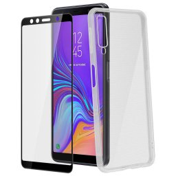 Avizar Funda Silicona Transparente + Cristal Templado con Bordes Negros para Samsung Galaxy A7 2018
