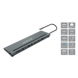 Conceptronic DONN17G Docking 12 En 1 USB-C Para 100W USB PD/ Gigabit LAN/ 2xHDMI/ USB-C/DisplayPort SD/ 2xUSB 3.0/ TF y MicroSD/USB 2.0/Audio