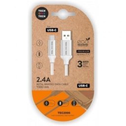 Cable USB Tech One Tech TEC2006 USB-A a USB-C 1m 2,4A Nylon Blanco
