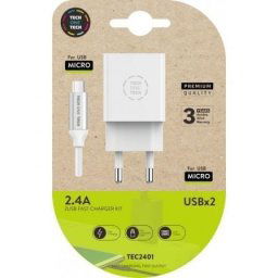 Tech One Tech TEC2401 Cargador Doble 2xUSB 2.4A Blanco + Cable Micro USB 1m