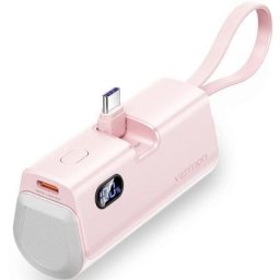 Powerbank Vention FHQP0 4800mAh 22.5W Rosa Ultraportátil con Cables Tipo C y Lightning