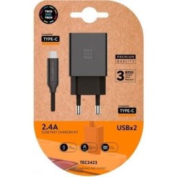 Cargador de Pared TECH ONE TECH TEC2423 2xUSB 2.4A con Cable USB Tipo-C Negro