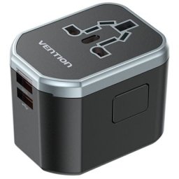 Cargador de Pared Universal Vention FJCB0 20W 1xUSB-C 2xUSB All in One Viaje Negro