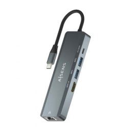 Conversor USB-C AISENS Dock 5 en 1 HDMI/RJ45/2xUSB/PD 100W Aluminio 15cm Gris