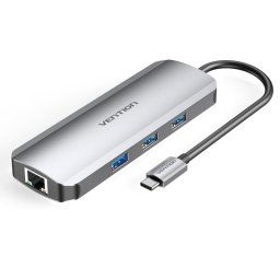 Hub USB-C Vention Plata Aluminio 4 Puertos USB 3.2 HDMI Ethernet Lector SD 4K 100W