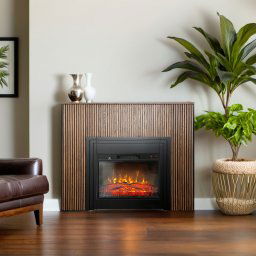 Chimenea eléctrica con MDF alistonado LAMELIA Roble oscuro ElectricSun, con sonido, 3 colores, con aplicación, L120xH102cm
