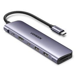 Hub USB C Ugreen CM195 7 en 1 HDMI 4K 100W PD metálico compacto lila
