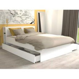 Unique Cama con cabecero con compartimentos y cajones 140 x 190 cm - Blanco + Somier - EUGENE