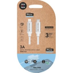 Cable Lightning Tech One Tech TEC2203 USB-C Macho a Lightning Macho 1m Blanco 3A Nylon Trenzado