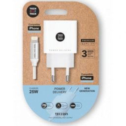 Cargador de Pared Tech One Tech TEC2265 25W USB-C PD 3A + Cable Lightning Blanco