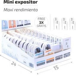 Expositor BSK Tech One con 10 cargadores USB-A, 20 cables Lightning y USB-C, 13 auriculares con micrófono blancos