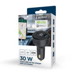 Cargador de coche Gembird TA-UC-AC2PD30LCD-CAR-01 2 puertos USB-C/A 30W PD/QC Pantalla LCD Negro