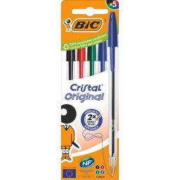 Bolígrafo BIC Cristal Original 516346 Colores Surtidos Pack de 5 Reciclable Punta 1mm