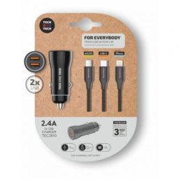 Cargador de Coche Tech One Tech TEC2810 2xUSB Cable 3 en 1 12W Smart Recognition