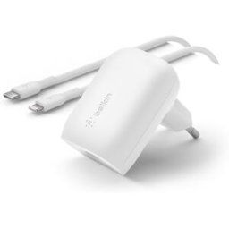 Belkin Cargador de pared USB-C PD 3.0 PPS 30 W + cable USB-C con conector Lightning. Blanco