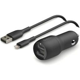 Belkin Cargador para coche doble USB-A 24 W + cable USB-A a Lightning. Negro