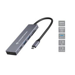 Hub USB-C Conceptronic DONN23G 4K Ultra HD Gris 2x USB-A HDMI Lector SD/TF 100W Power Delivery