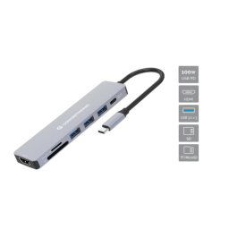Hub USB Conceptronic DONN19G Gris USB-C 3 puertos USB-A 1 HDMI 4K Lector SD 100W PD