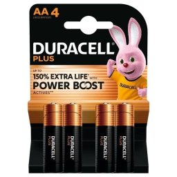 Batería Duracell Plus AA Alcalina 1,5V Pack 4 piezas Negro Oro