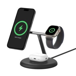 Cargador inalámbrico 3 en 1 Belkin Qi2 15W MagSafe, USB, compatible iPhone, AirPods y Watch, negro