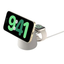 Cargador inalámbrico Belkin MagSafe 15W 2 en 1 Belkin Pro, carga rápida, USB, color arena, compatible auriculares y smartwatch 1.5m