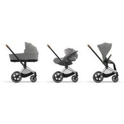 Cybex Carro de bebé trío PRIAM con Chasis Chrome Brown, Seat Pack, Capazo Lux y portabebés Cloud T i-Size Plus en Mirage Grey. Gris claro niño