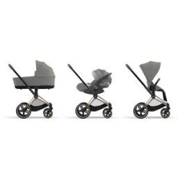 Cybex Carro de bebé trío PRIAM con Chasis Rosegold, Seat Pack, Capazo Lux y portabebés Cloud T i-Size Plus en Mirage Grey. Gris claro niño