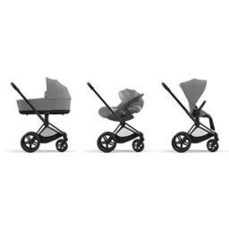 Cybex Carro de bebé trío PRIAM con Chasis Matt Black, Seat Pack, Capazo Lux y portabebés Cloud T i-Size Plus en Mirage Grey. Gris claro niño