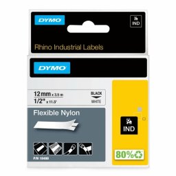 Cinta Etiquetadora DYMO Nylon Flexible 12mm x 3,5m Negro sobre Blanco Resistente UV Agua Calor Frío Para Cables Rhino IND