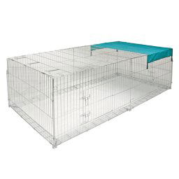 Recinto exterior Kerbl de 4 esquinas con barrera antihuida y techo de malla, grande - 230 x 115 x 70 cm (L x An x Al), con cubierta