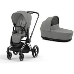 Cybex Carro de bebé dúo PRIAM con Chasis Chrome Black, Seat Pack y Capazo Lux en Mirage Grey.. Gris niño