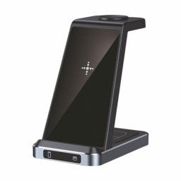 Base de carga inalámbrica 3 en 1 Qi Negra USB-C carga rápida 15W aluminio ABS