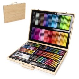 Maletín pintura y dibujo madera 180 piezas óleos acuarelas ceras rotuladores accesorios