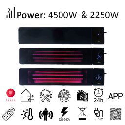 4500W/2250 vatios ElectricSun negro, calefactor infrarrojo, uso interior/exterior, con termostato y aplicación, 100x18cm