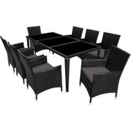 Tectake Set de ratán para 8 personas, sillas, cojines, mesa y fundas, negro