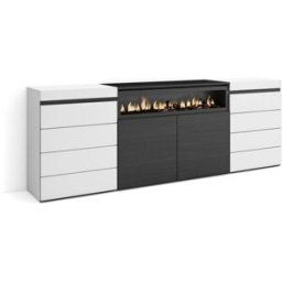Skraut home Cómoda efecto madera blanco y negro 214x35x75cm chimenea efecto fuego