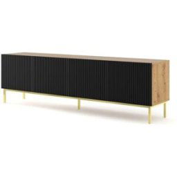 AKL FURNITURE Mueble para TV efecto madera Crema & Negro y Dorado LED