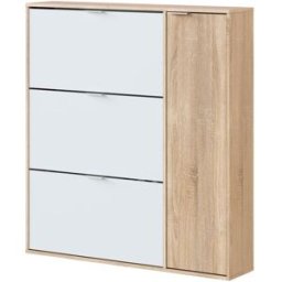 HOMN Mueble zapatero 4 puertas color roble/blanco, 106 x 22 x 115 cm