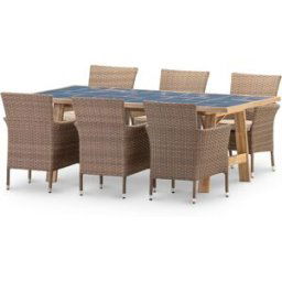 Defora Home Conjunto mesa cerámica azul 205x105 + 8 sillas ratán sintético