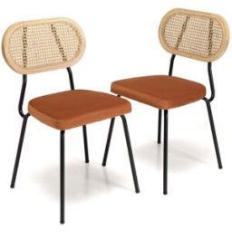 MACABANE Set de 2 sillas de metal negro, terciopelo naranja y respaldo de ratán